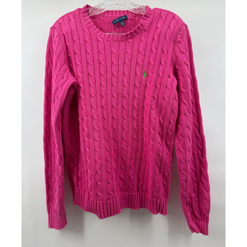 Ralph Lauren Pink Cable Knit Cotton Sweater Green Pony Logo XL Womens Preppy